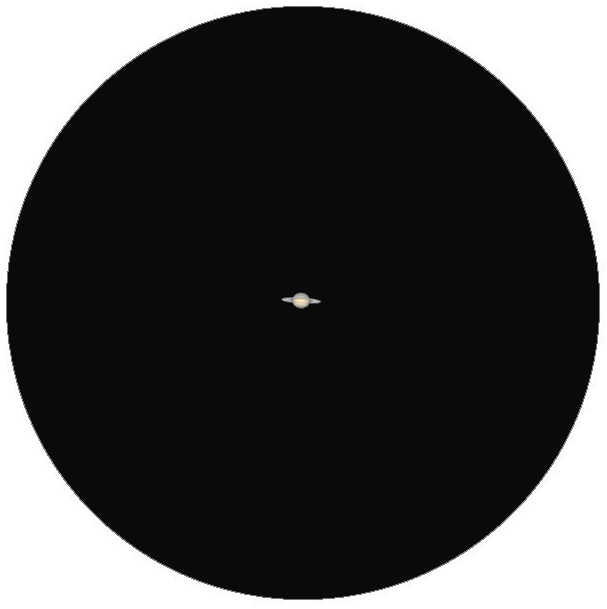 Illustration: Real erscheint Saturn
im Teleskop nur relativ klein, hier am Beispiel
eines Teleskop mit 60mm Öffnung und 60-facher
Vergrößerung. L. Spix