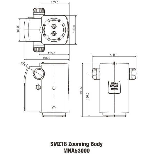 Nikon SMZ18, manuel, optique parallèle, achromate, tête zoom, bino, 7,5-135x, click stop, rapport 18:1, 15°