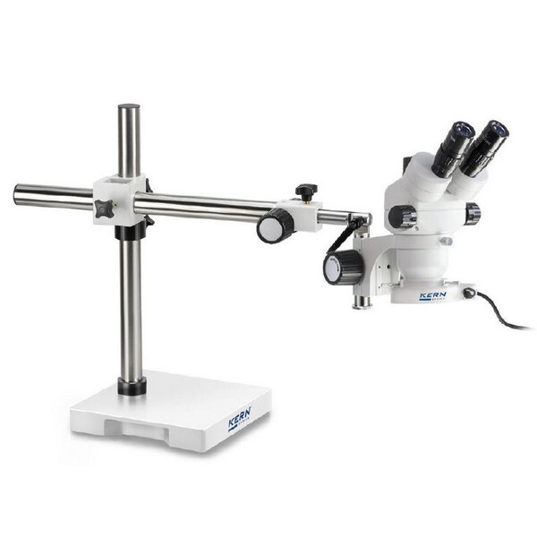 Microscope stéréo zoom Kern OZM 913, trino, 7x-45x, HSWF 10x23 mm, Trépied, Un bras (515 mm x 614 mm) avec plateau de table, Lampes annulaires LED 4,5 W