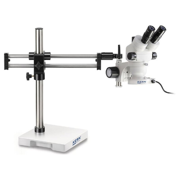 Microscope stéréo zoom Kern OZM 932, bino, 7-45x, HSWF 10x23 mm, Trépied à double bras, 430x480mm, avec plateau de table, Lampes annulaires LED 4,5 W