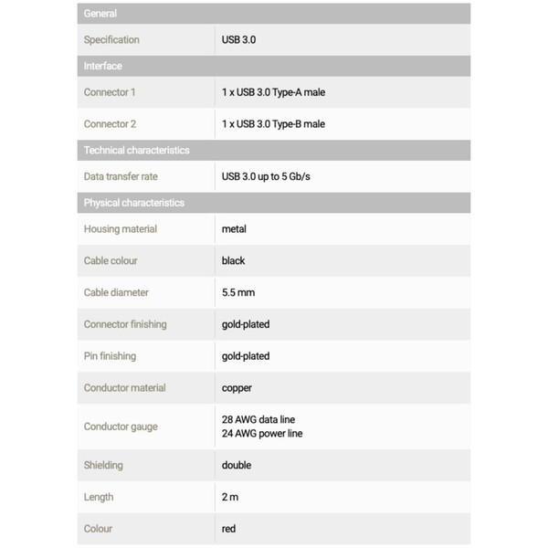 PegasusAstro Câble USB Premium 1x USB3.0 Type-B 2m