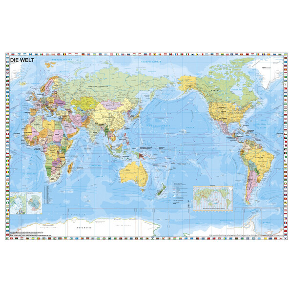Mappemonde Stiefel Monde, centré Pacifique, avec bordure de drapeaux (98 x 68 cm)