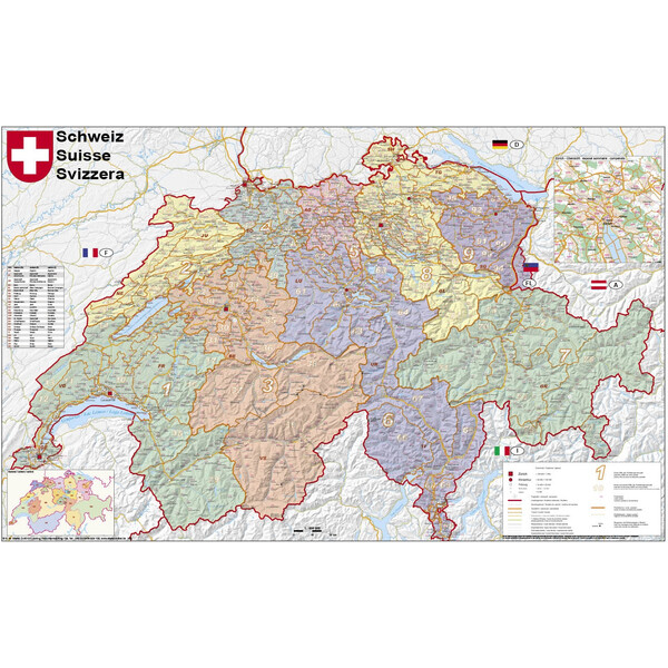 Carte géographique Stiefel La Suisse politique avec les codes postaux (95 x 62 cm)