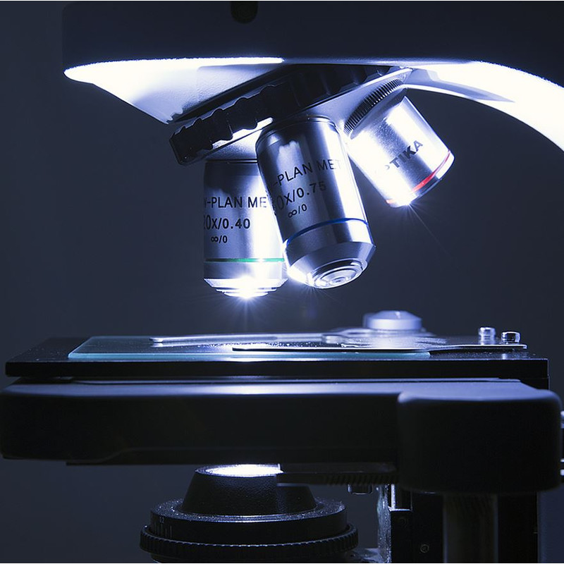 Microscope Optika B-510-3, discussion, trino, 3-head, IOS W-PLAN, 40x-1000x, EU
